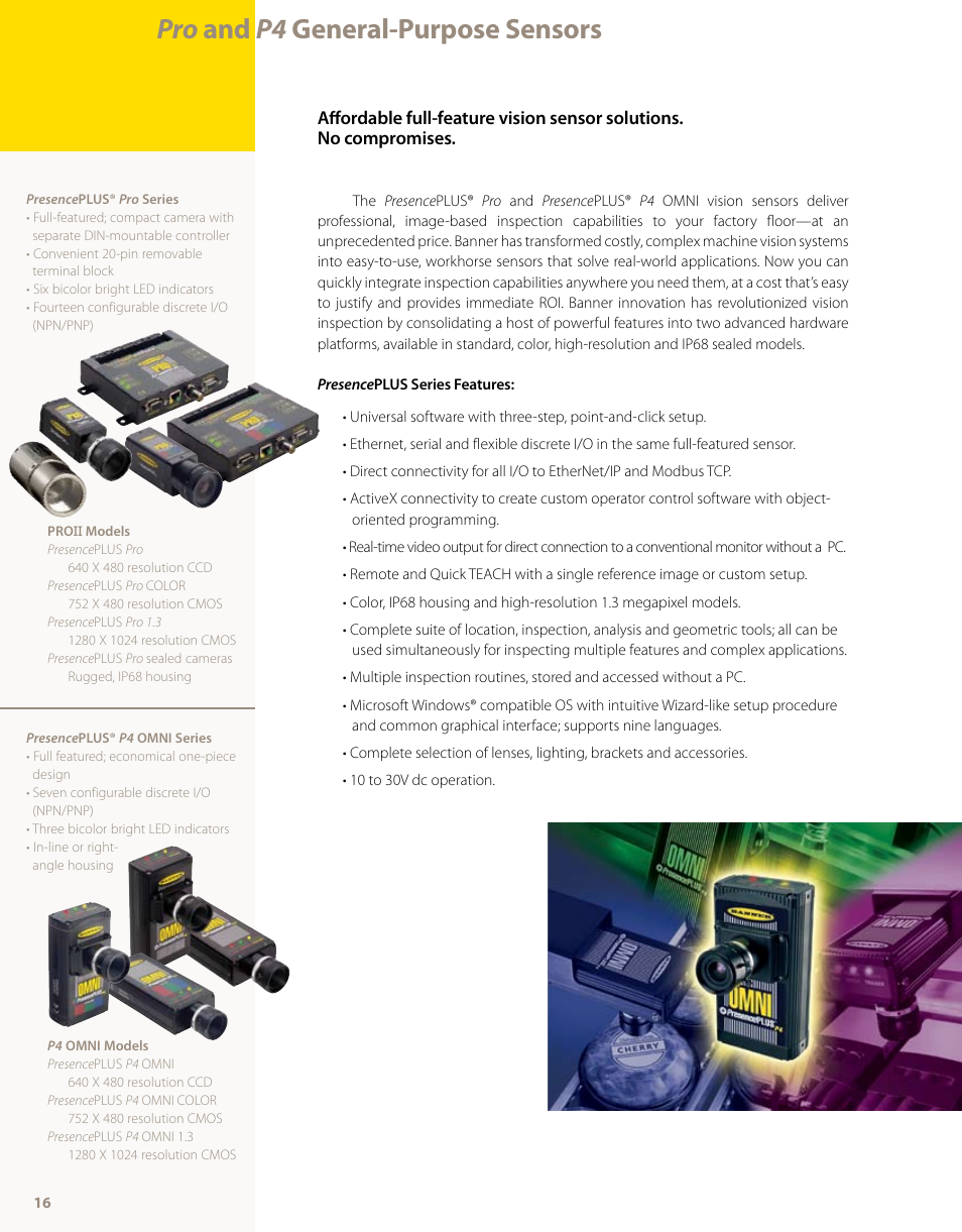 Presenceplus pro and p4 omni, Presense plus pro and p4 omni, Pro and p4 general-purpose sensors | Banner PresencePLUS PPM8 LCD Color Monitor User Manual | Page 16 / 48