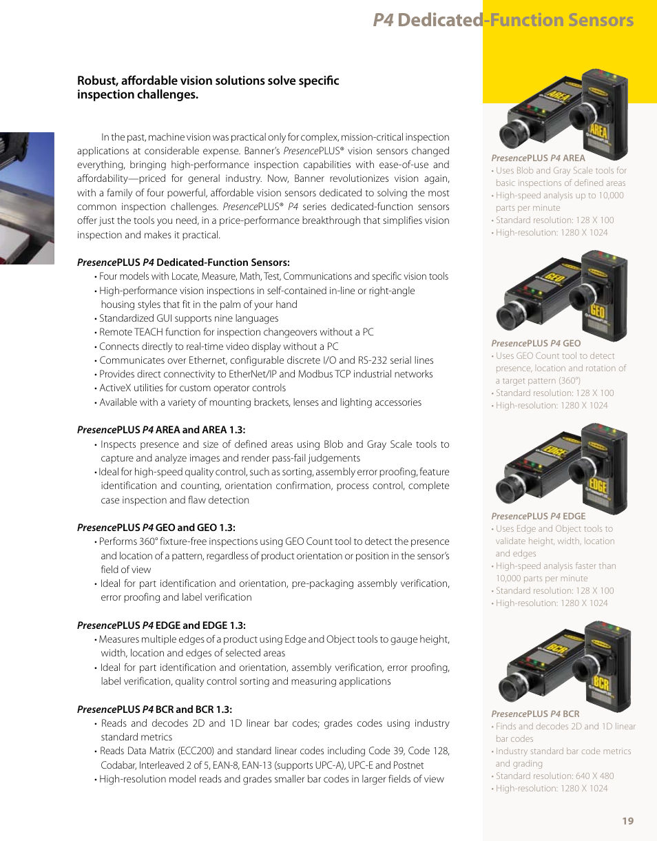P4 dedicated-function sensors | Banner PresencePLUS PPM8 LCD Color Monitor User Manual | Page 19 / 48