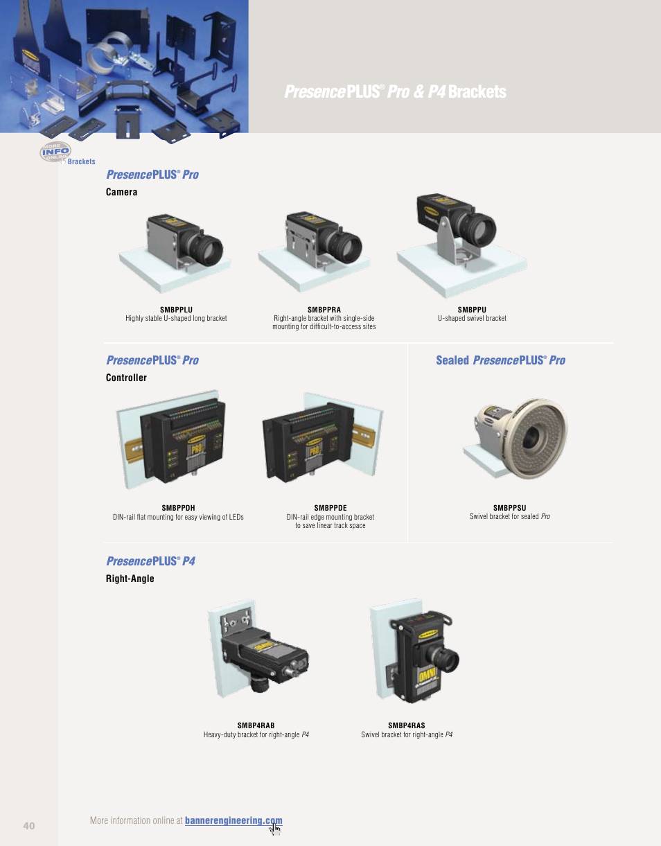 Brackets, Presence plus, Pro & p4 brackets | Presenceplus, Sealed presenceplus, Pro presenceplus | Banner PresencePLUS PPM8 LCD Color Monitor User Manual | Page 40 / 48