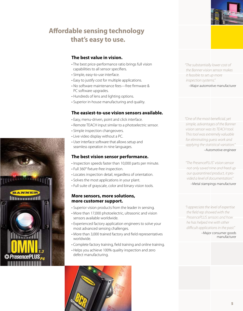 Affordable sensing technology that’s easy to use | Banner PresencePLUS PPM8 LCD Color Monitor User Manual | Page 5 / 48