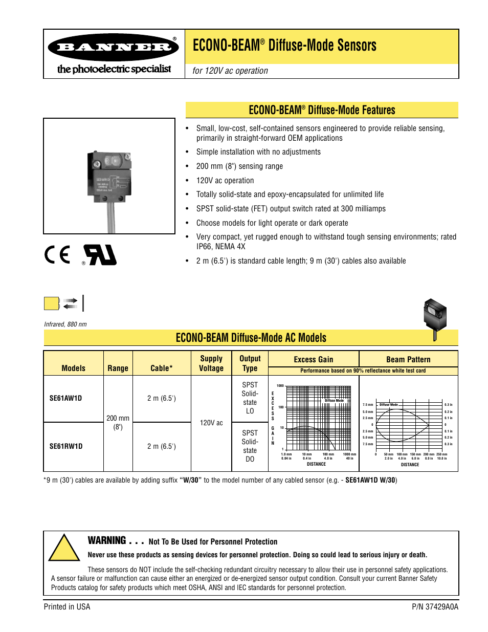 Banner ECONO-BEAM SE61 Series User Manual | 2 pages