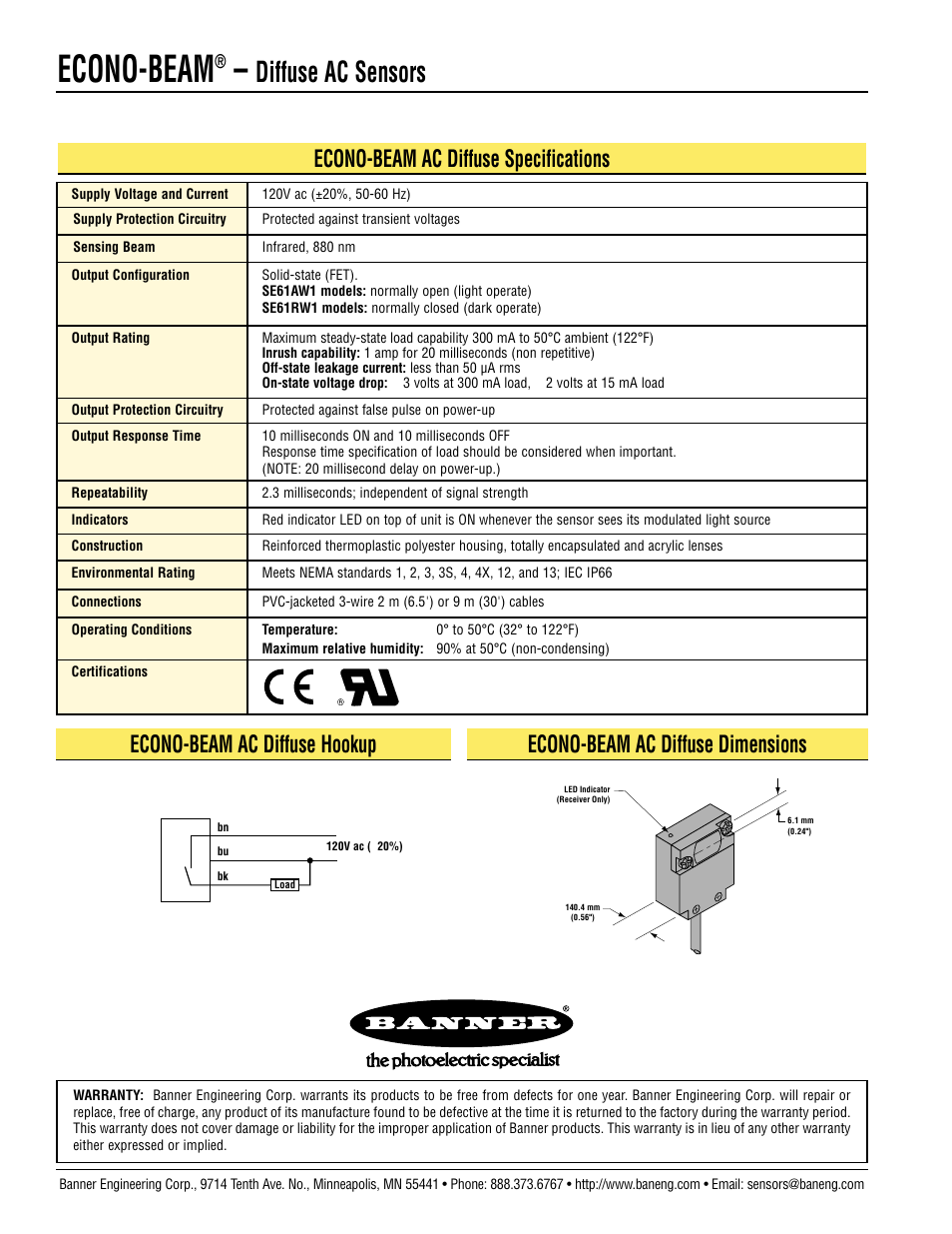 Econo-beam, Diffuse ac sensors, Econo-beam ac diffuse specifications | Econo-beam ac diffuse hookup, Econo-beam ac diffuse dimensions | Banner ECONO-BEAM SE61 Series User Manual | Page 2 / 2