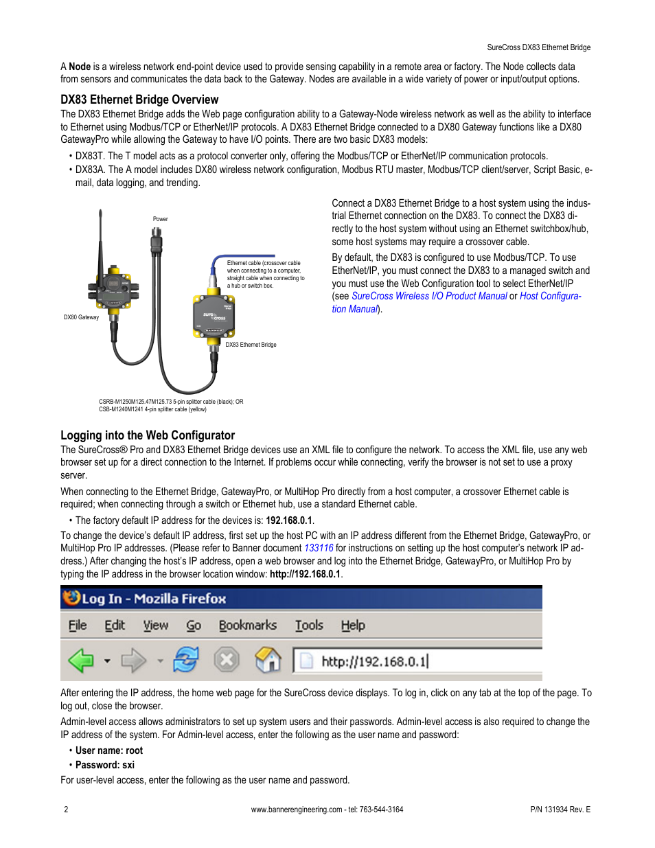 Dx83 ethernet bridge overview, Logging into the web configurator | Banner SureCross DX83 Ethernet Bridge User Manual | Page 2 / 6