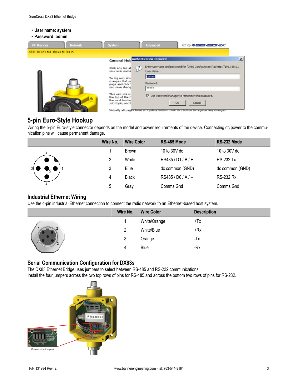 Pin euro-style hookup | Banner SureCross DX83 Ethernet Bridge User Manual | Page 3 / 6