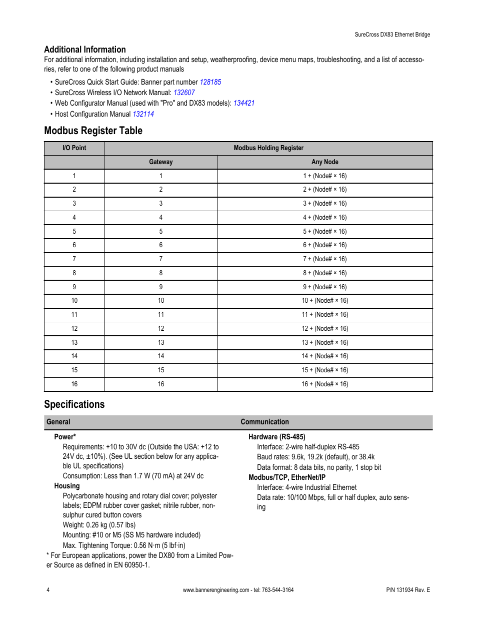 Modbus register table, Specifications, Additional information | Banner SureCross DX83 Ethernet Bridge User Manual | Page 4 / 6