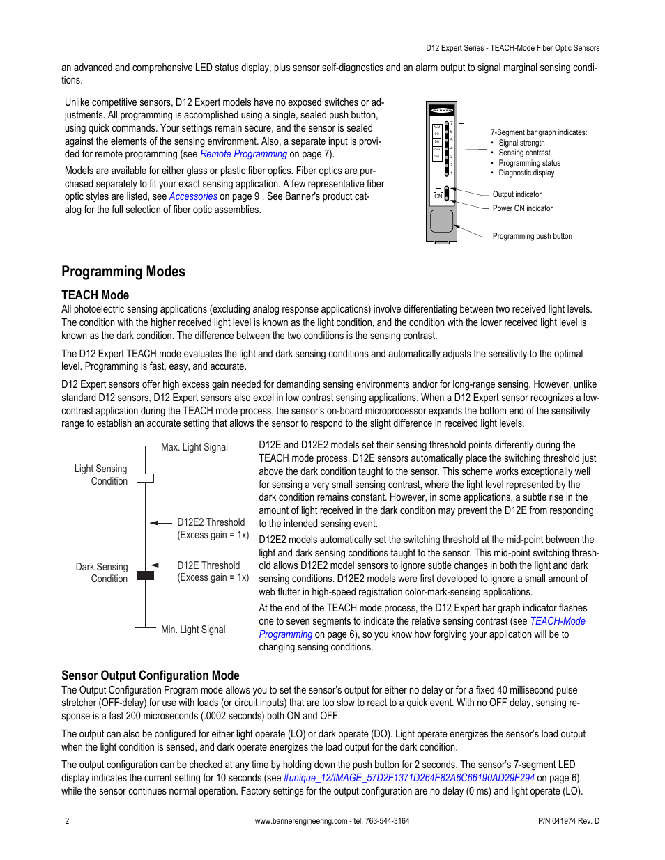 Programming modes, Teach mode, Sensor output configuration mode | Banner D12 Series User Manual | Page 2 / 12