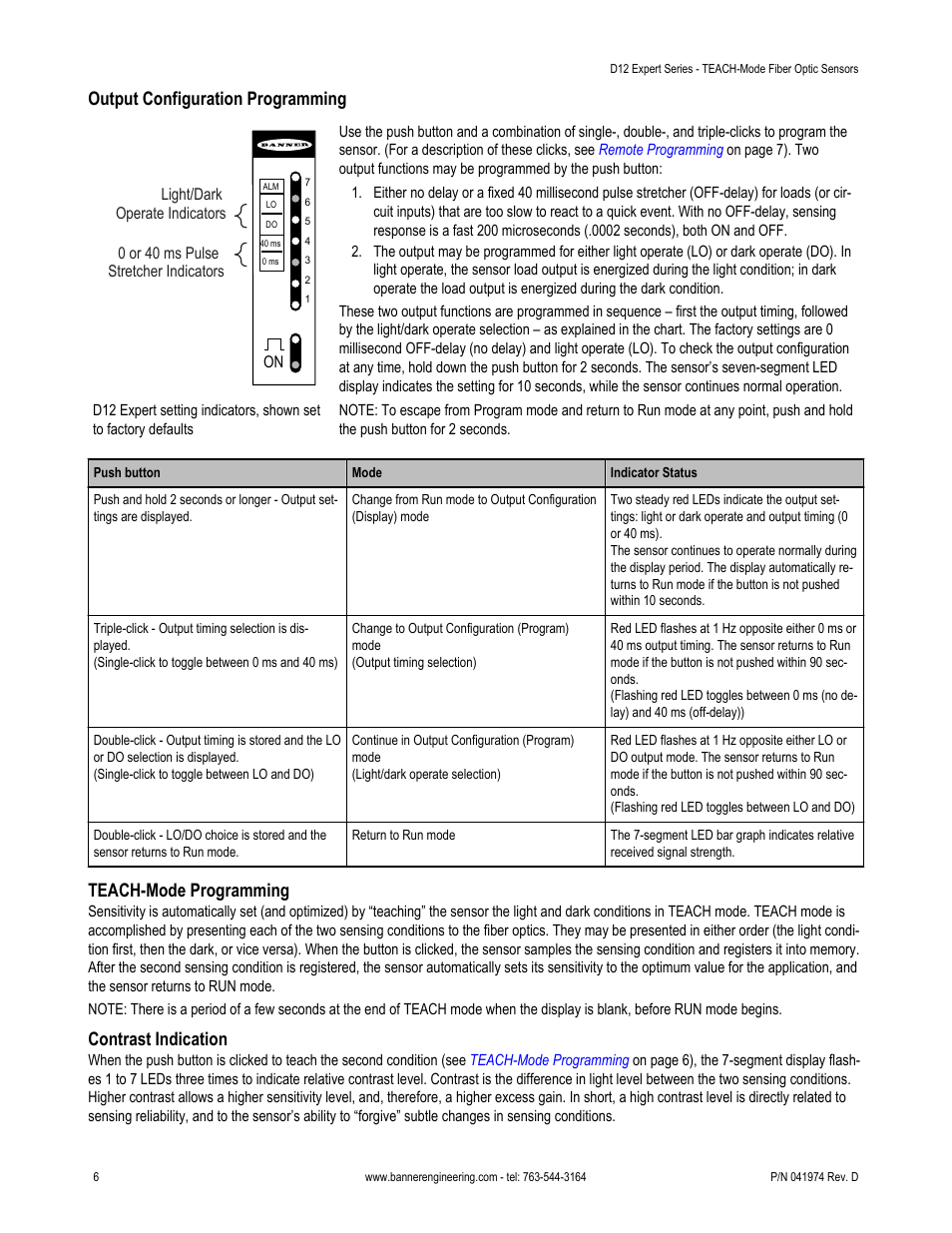 Teach-mode, Programming, Unique_12/image_57d2f1371d264f82a6c66190ad29f294 | Output configuration programming, Teach-mode programming, Contrast indication | Banner D12 Series User Manual | Page 6 / 12