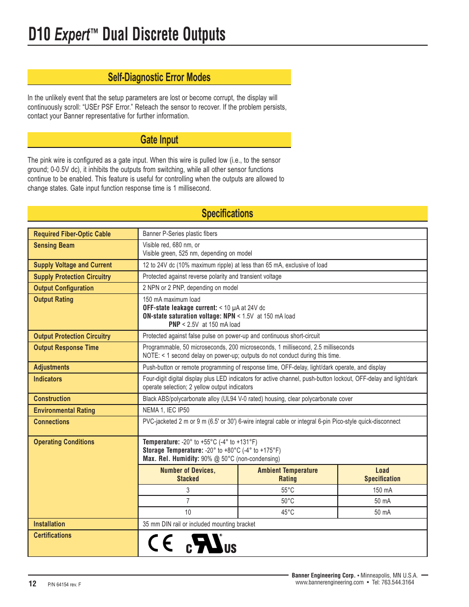 D10 expert, Dual discrete outputs, Self-diagnostic error modes | Gate input, Specifications | Banner D10 Series User Manual | Page 12 / 16