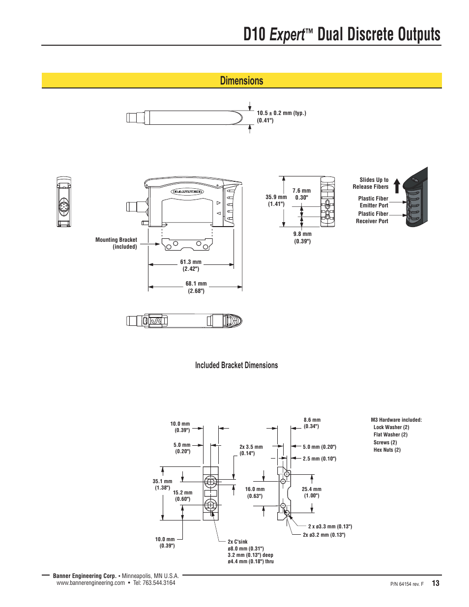 D10 expert, Dual discrete outputs, Dimensions | Included bracket dimensions | Banner D10 Series User Manual | Page 13 / 16