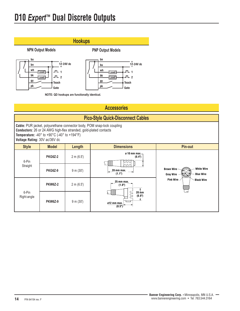 D10 expert, Dual discrete outputs, Accessories | Hookups, Pico-style quick-disconnect cables, Npn output models pnp output models | Banner D10 Series User Manual | Page 14 / 16