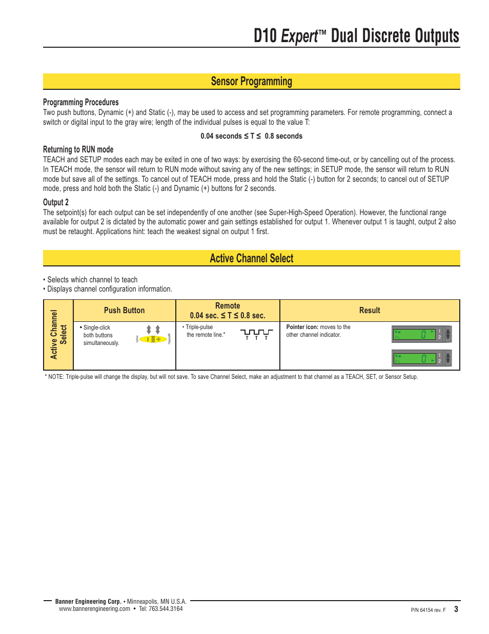 D10 expert, Dual discrete outputs, Sensor programming | Active channel select, Programming procedures, Returning to run mode, Output 2 | Banner D10 Series User Manual | Page 3 / 16