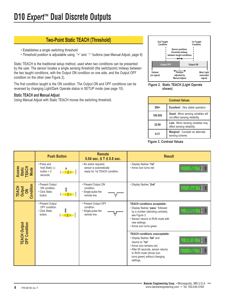 D10 expert, Dual discrete outputs, Two-point static teach (threshold) | Static teach and manual adjust, Teach output o n condition, Teach output off condition | Banner D10 Series User Manual | Page 4 / 16