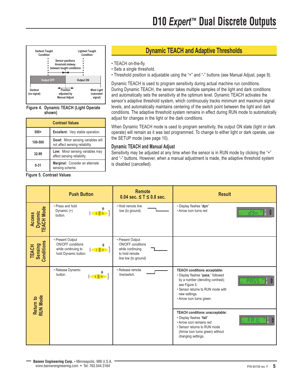 D10 expert, Dual discrete outputs, Dynamic teach and adaptive thresholds | Dynamic teach and manual adjust, Teach sensing conditions, Return to run mode | Banner D10 Series User Manual | Page 5 / 16