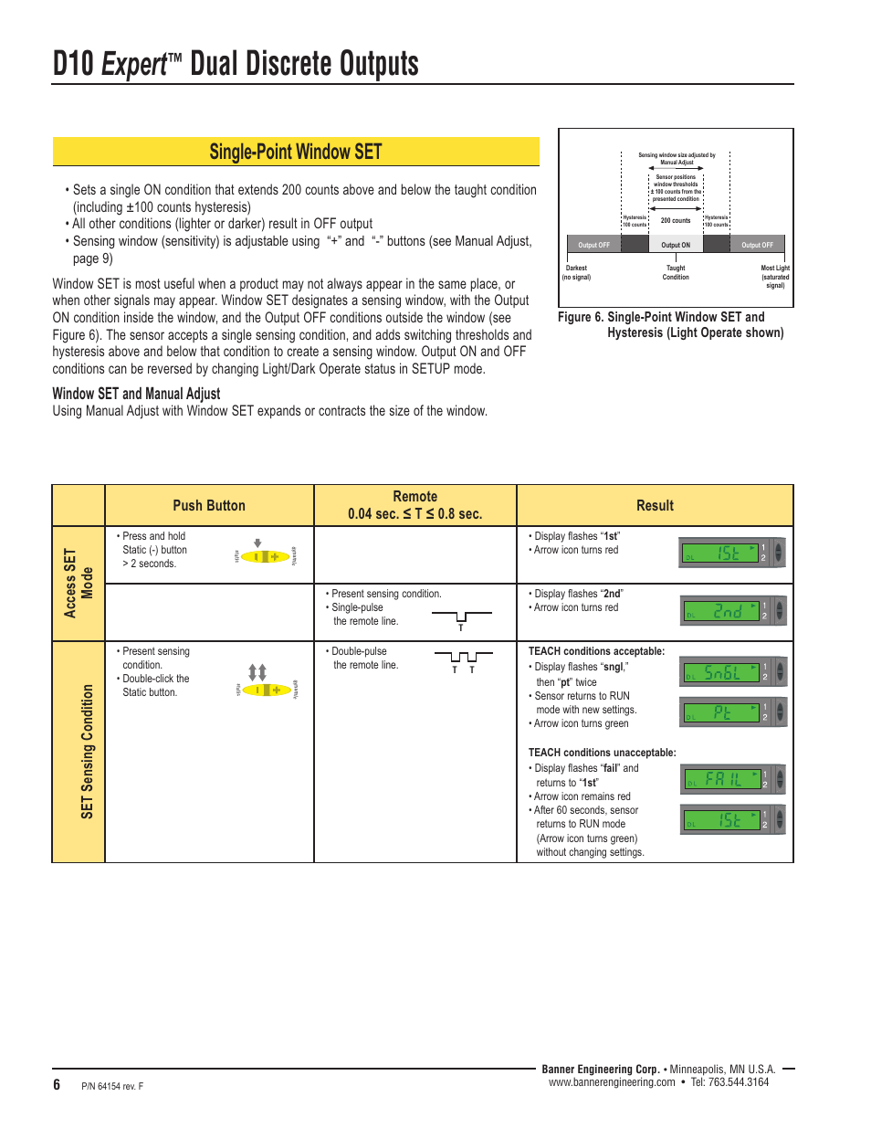 D10 expert, Dual discrete outputs, Single-point window set | Window set and manual adjust, Set sensing condition | Banner D10 Series User Manual | Page 6 / 16