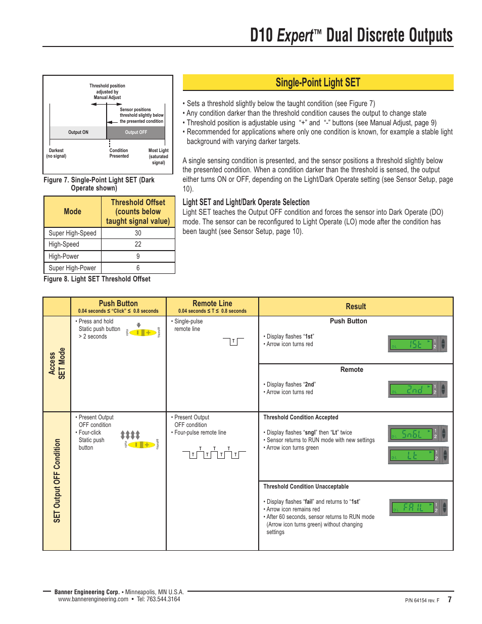 D10 expert, Dual discrete outputs, Single-point light set | Light set and light/dark operate selection, Push button, Remote line, Result access set mode, Set output off condition, Figure 8. light set threshold offset | Banner D10 Series User Manual | Page 7 / 16