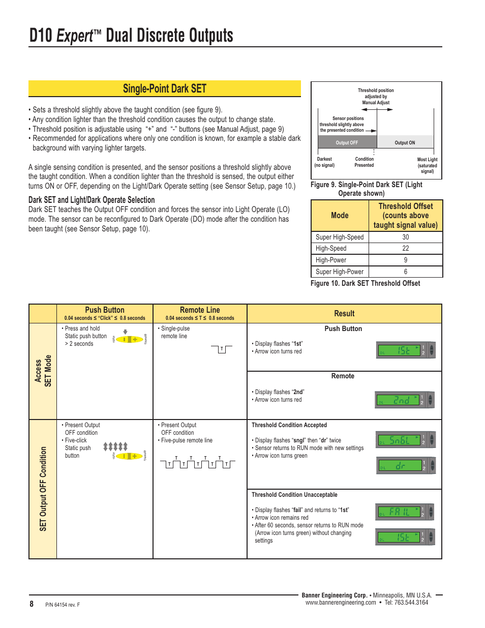 D10 expert, Dual discrete outputs, Single-point dark set | Dark set and light/dark operate selection, Push button, Remote line, Result access set mode, Set output off condition, Figure 10. dark set threshold offset | Banner D10 Series User Manual | Page 8 / 16