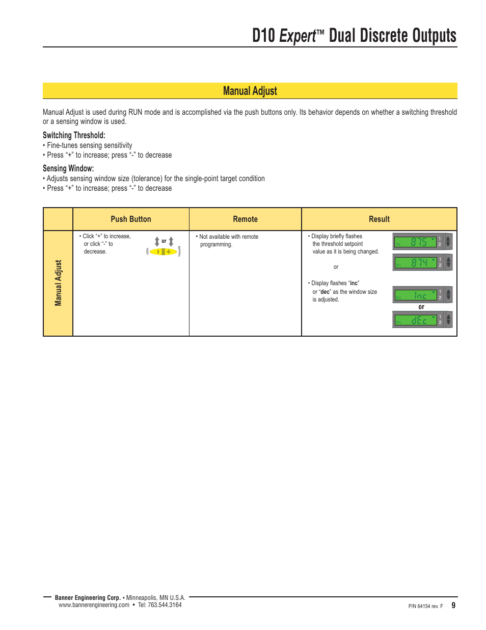 D10 expert, Dual discrete outputs, Manual adjust | Switching threshold, Sensing window | Banner D10 Series User Manual | Page 9 / 16