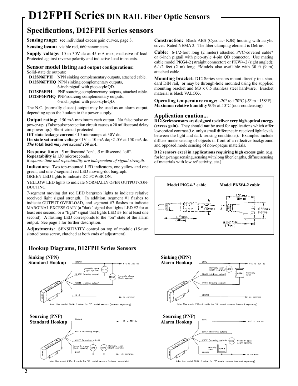 D12fph series, Specifications, d12fph series sensors, Din rail fiber optic sensors | Sensor model listing, Application caution, 2hookup diagrams, d12fph series sensors | Banner D12 Series User Manual | Page 2 / 4