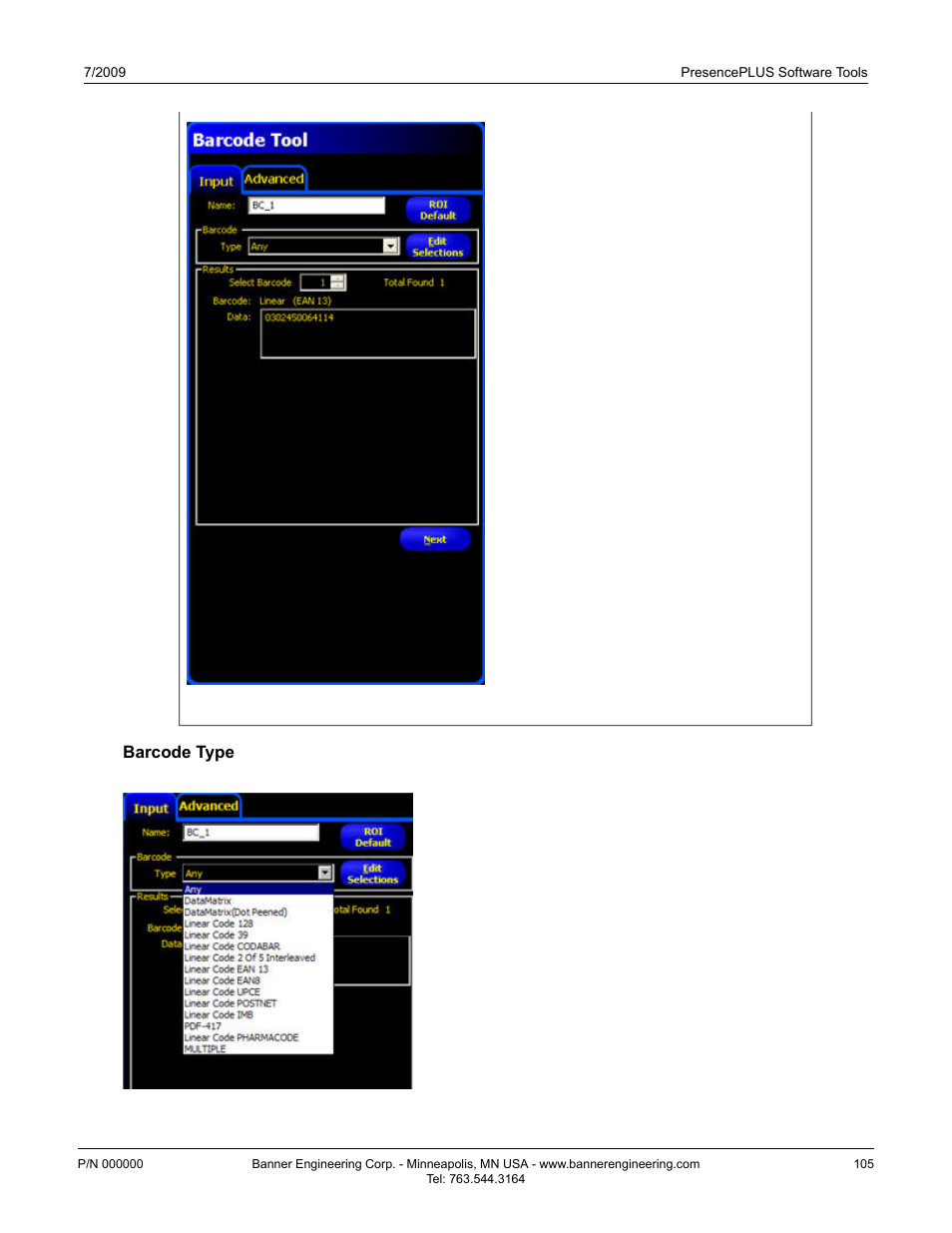 Barcode type | Banner PresencePLUS BCR 1.3 Series User Manual | Page 105 / 306