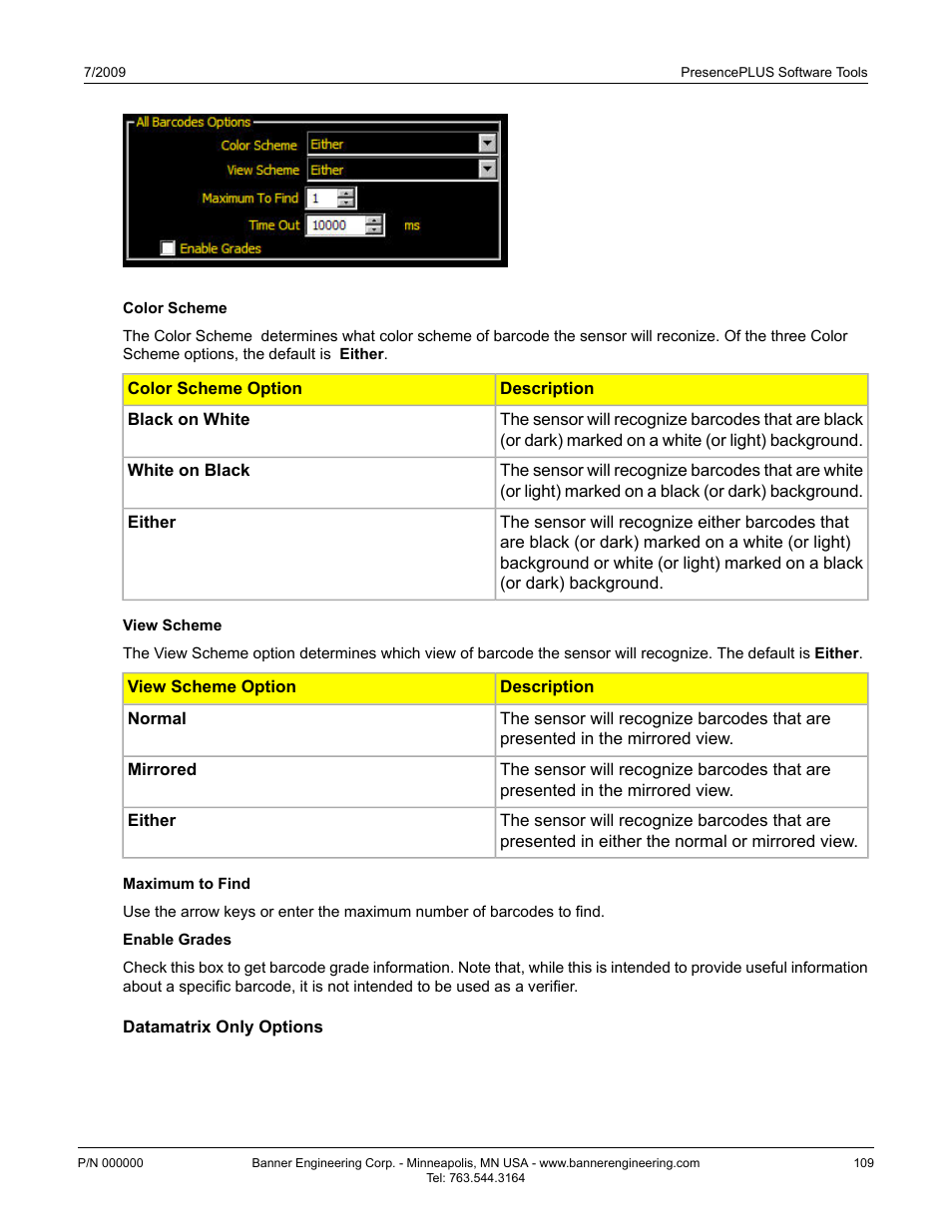 Datamatrix only options | Banner PresencePLUS BCR 1.3 Series User Manual | Page 109 / 306
