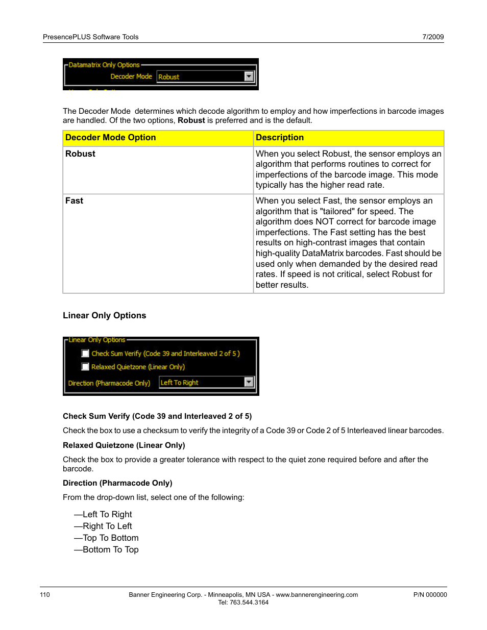 Linear only options | Banner PresencePLUS BCR 1.3 Series User Manual | Page 110 / 306