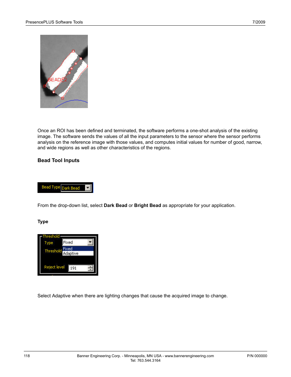 One-shot, Bead tool inputs, Bead type | Threshold, Adaptive, Bead type7.3.4.2.1 bead type, Threshold7.3.4.2.2 threshold | Banner PresencePLUS BCR 1.3 Series User Manual | Page 118 / 306