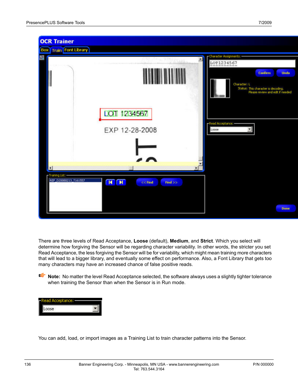 Read acceptance, Training list | Banner PresencePLUS BCR 1.3 Series User Manual | Page 136 / 306