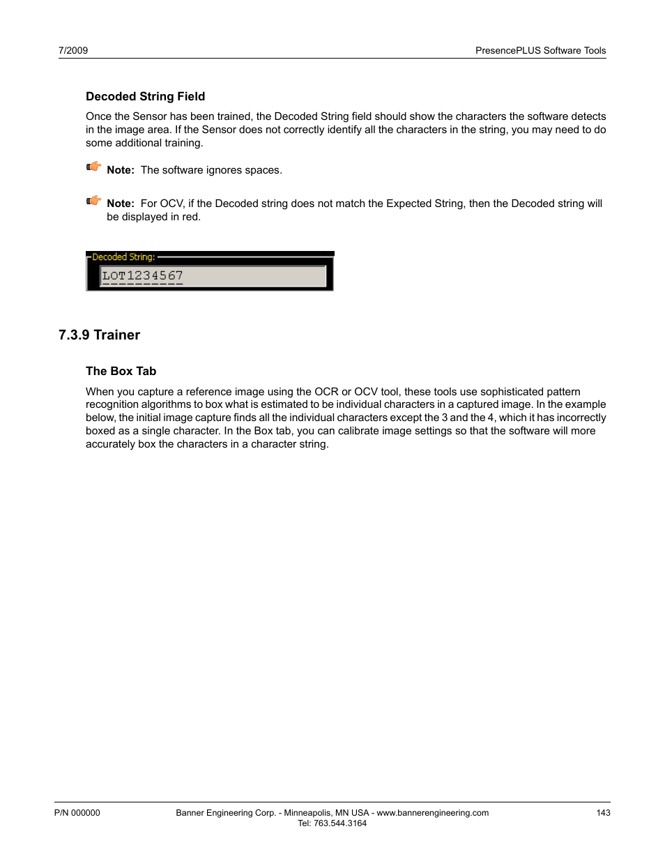 Decoded string field, 9 trainer, The box tab | Banner PresencePLUS BCR 1.3 Series User Manual | Page 143 / 306