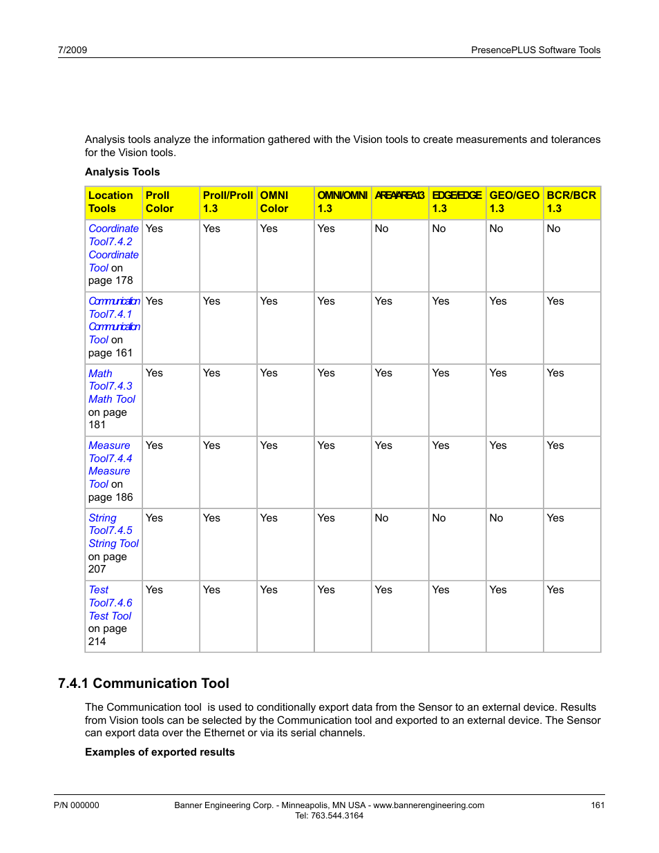 4 analysis tools, 1 communication tool | Banner PresencePLUS BCR 1.3 Series User Manual | Page 161 / 306