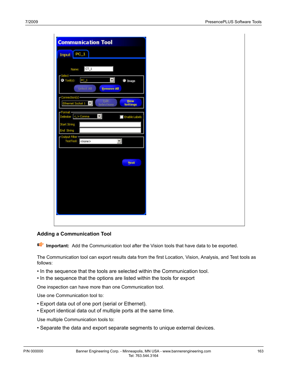 Adding a communication tool | Banner PresencePLUS BCR 1.3 Series User Manual | Page 163 / 306