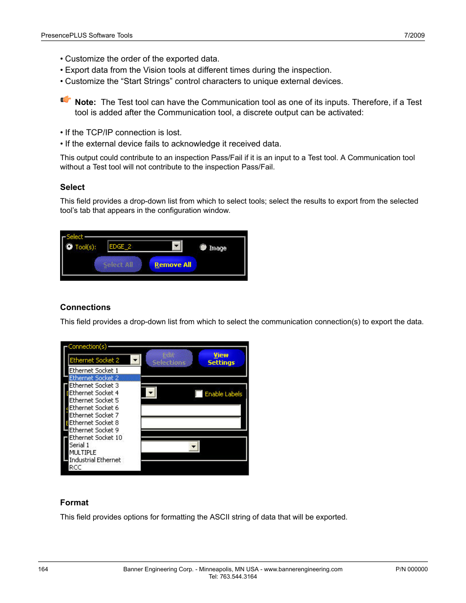 Select, Connections, Format | Select7.4.1.2 select, Connections 7.4.1.3 connections, Format7.4.1.4 format | Banner PresencePLUS BCR 1.3 Series User Manual | Page 164 / 306