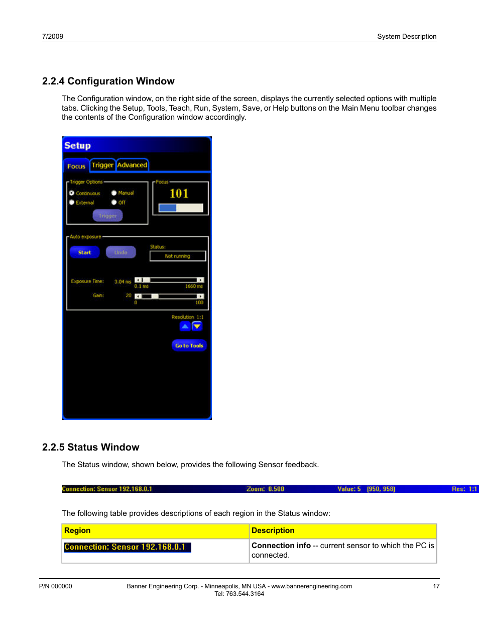 4 configuration window, 5 status window, 4 configuration window 2.2.5 status window | Banner PresencePLUS BCR 1.3 Series User Manual | Page 17 / 306