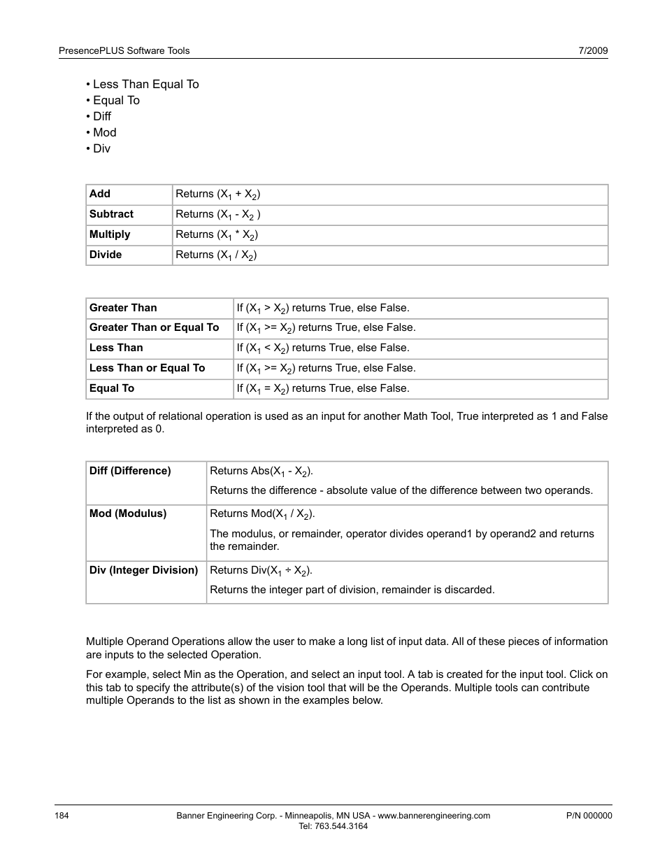 Arithmetic operations, Relational operations, Two operand functions | Multiple operand operations | Banner PresencePLUS BCR 1.3 Series User Manual | Page 184 / 306