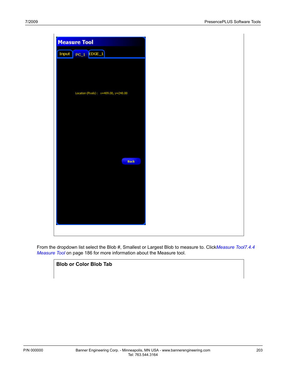 Measure tool blob and color blob tab | Banner PresencePLUS BCR 1.3 Series User Manual | Page 203 / 306