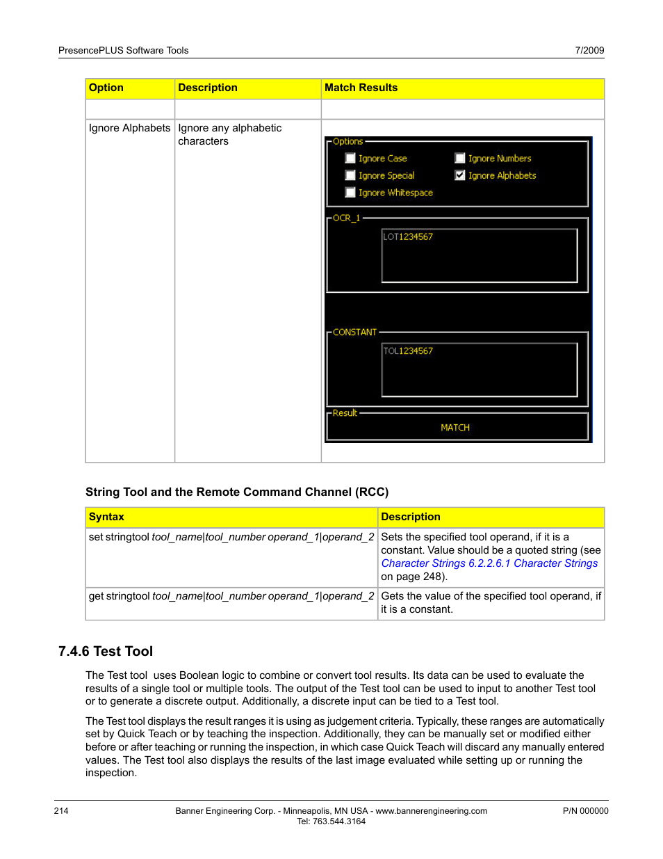 String tool and the remote command channel (rcc), 6 test tool, Test tool7.4.6 test tool | Banner PresencePLUS BCR 1.3 Series User Manual | Page 214 / 306