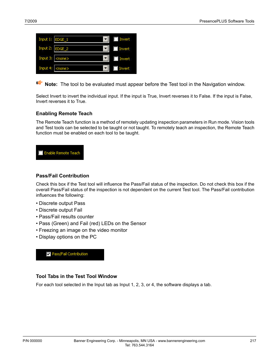 Enabling remote teach, Pass/fail contribution, Tool tabs in the test tool window | Enabling remote teach7.4.6.3 enabling remote teach | Banner PresencePLUS BCR 1.3 Series User Manual | Page 217 / 306