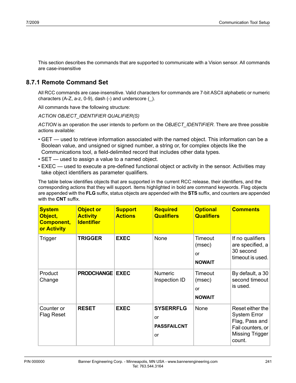 7 remote command channel configuration, 1 remote command set | Banner PresencePLUS BCR 1.3 Series User Manual | Page 241 / 306