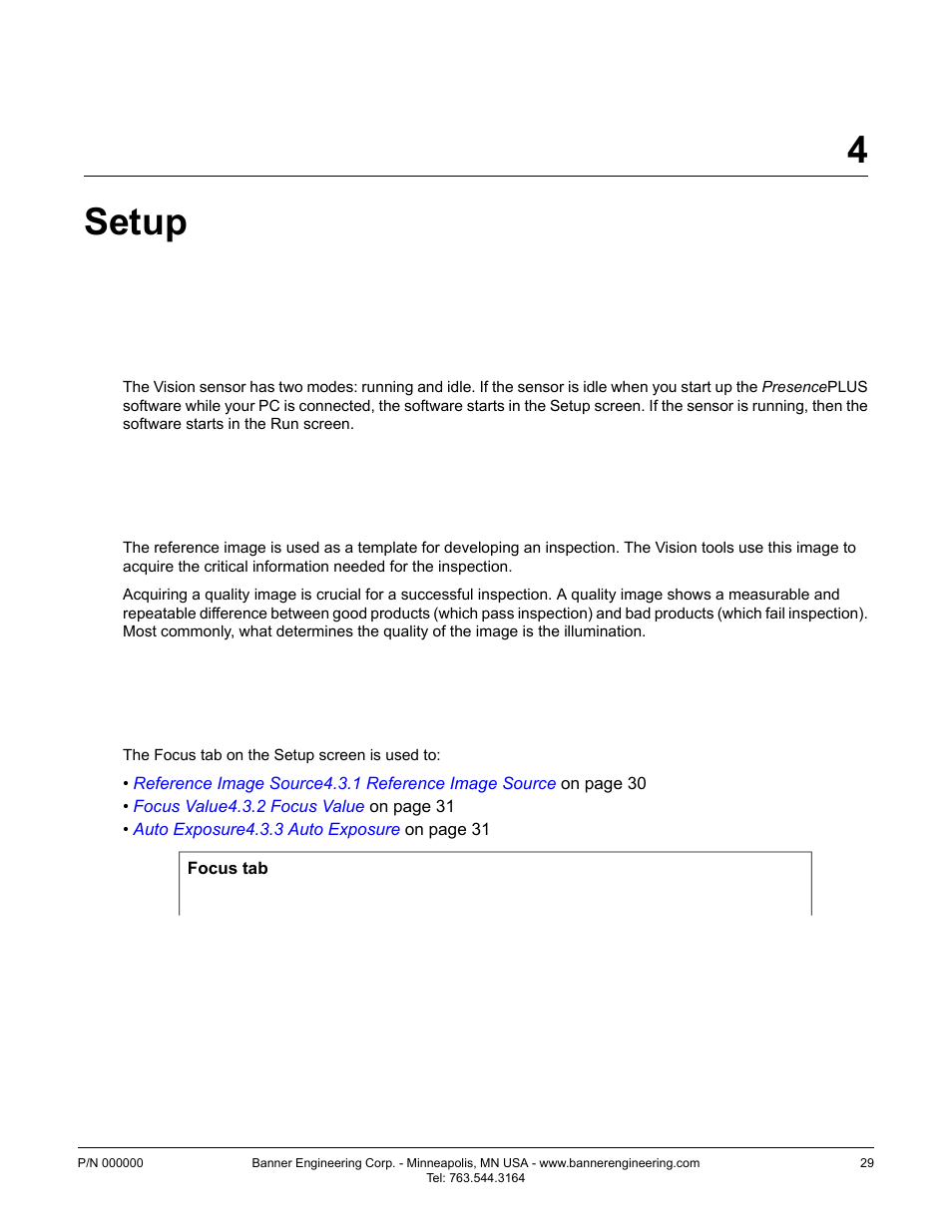 Setup, 1 setup screen, 2 capturing a reference image | 3 focus tab, 4setup | Banner PresencePLUS BCR 1.3 Series User Manual | Page 29 / 306