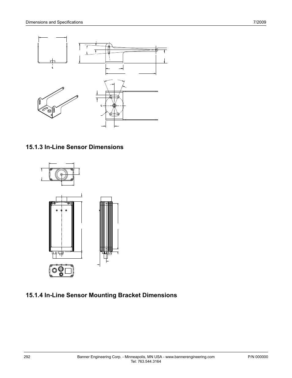 3 in-line sensor dimensions, 4 in-line sensor mounting bracket dimensions | Banner PresencePLUS BCR 1.3 Series User Manual | Page 292 / 306