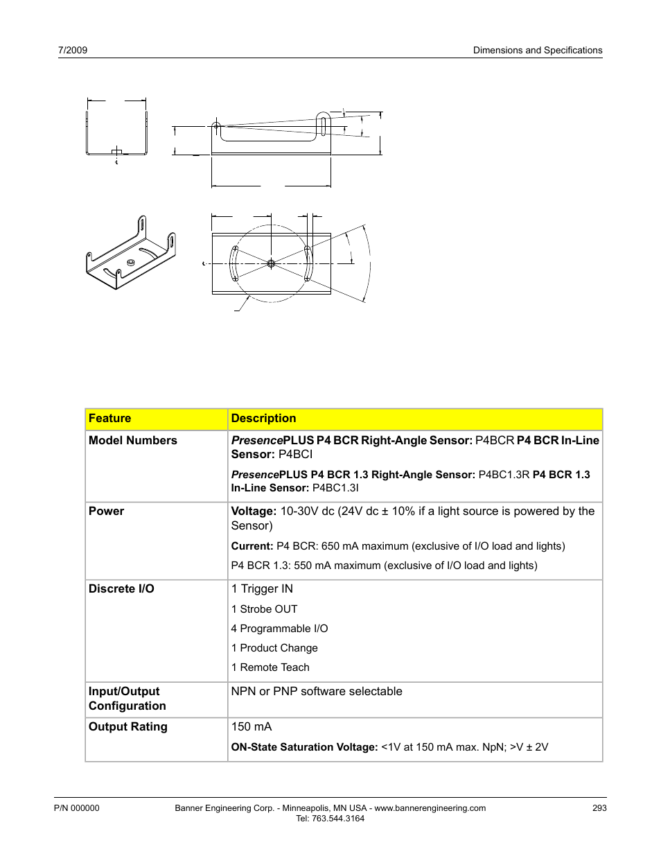 2 sensor specifications, Power, 1 trigger in | Discrete i/o, Output rating | Banner PresencePLUS BCR 1.3 Series User Manual | Page 293 / 306