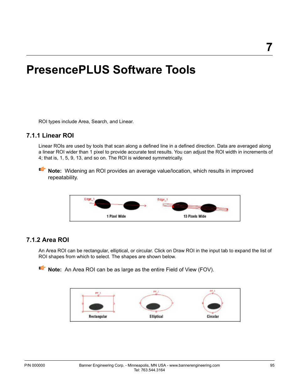 Presenceplus software tools, 1 roi types, 1 linear roi | 2 area roi, 1 linear roi 7.1.2 area roi, 7presenceplus software tools | Banner PresencePLUS BCR 1.3 Series User Manual | Page 95 / 306