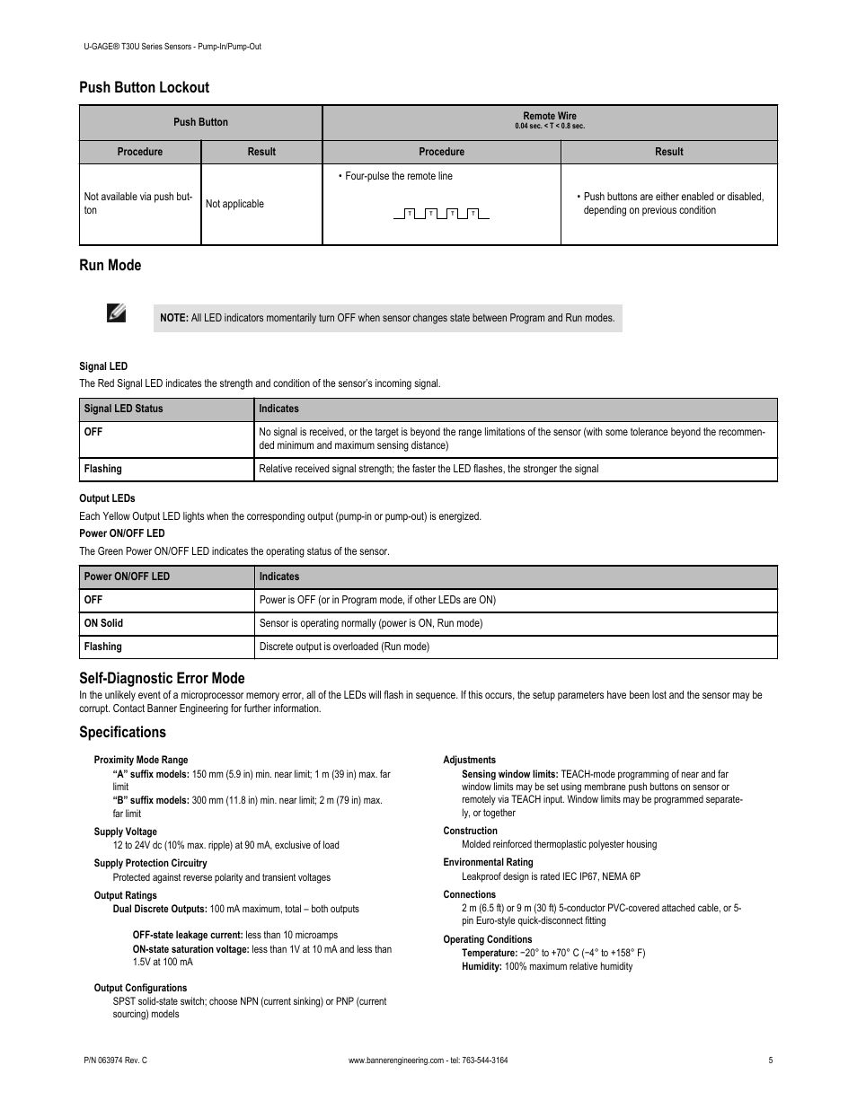 Push button lockout, Run mode, Self-diagnostic error mode | Specifications | Banner U-GAGE T30U—Level Control User Manual | Page 5 / 8