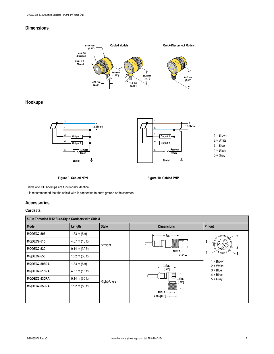 Dimensions, Hookups, Accessories | Cordsets | Banner U-GAGE T30U—Level Control User Manual | Page 7 / 8