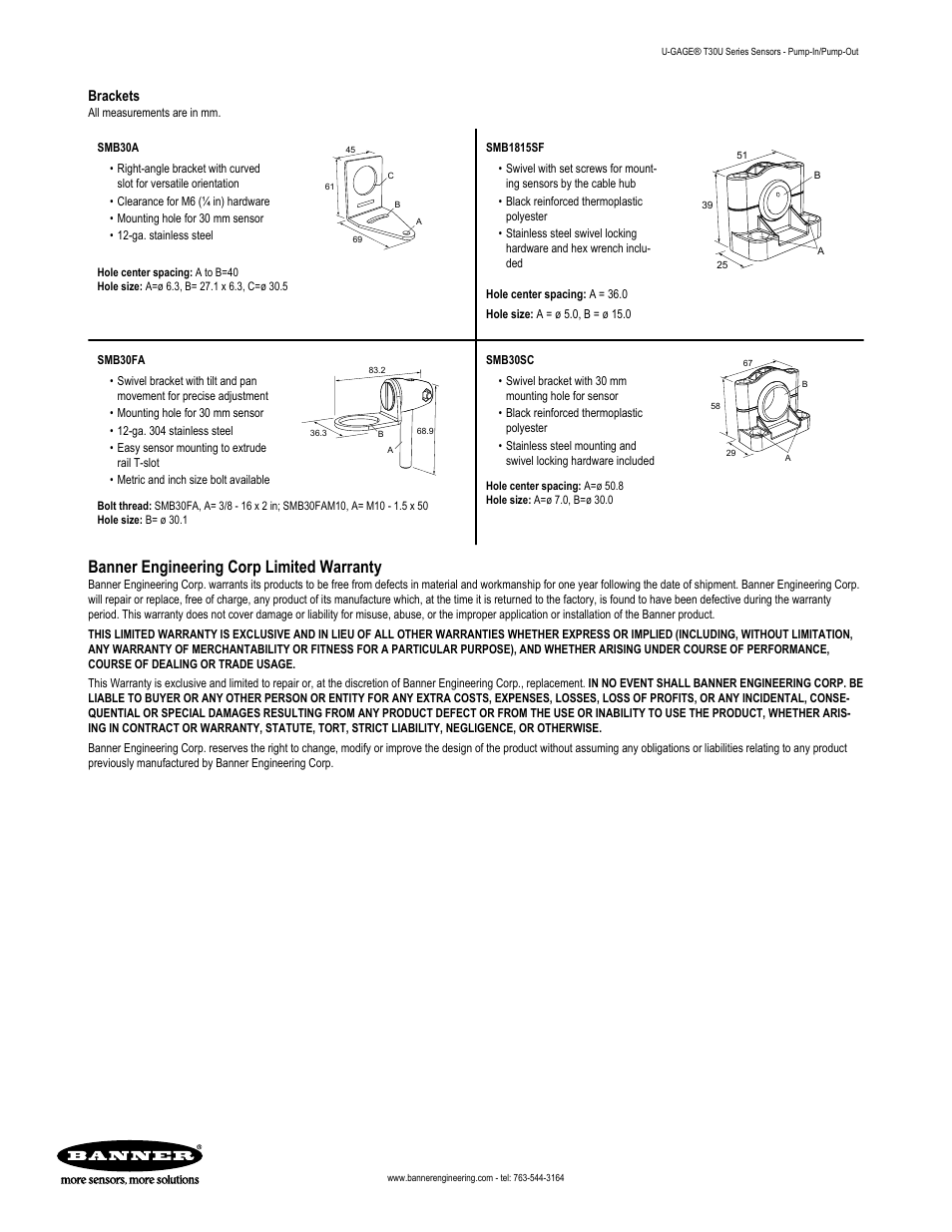 Banner engineering corp limited warranty, Brackets | Banner U-GAGE T30U—Level Control User Manual | Page 8 / 8