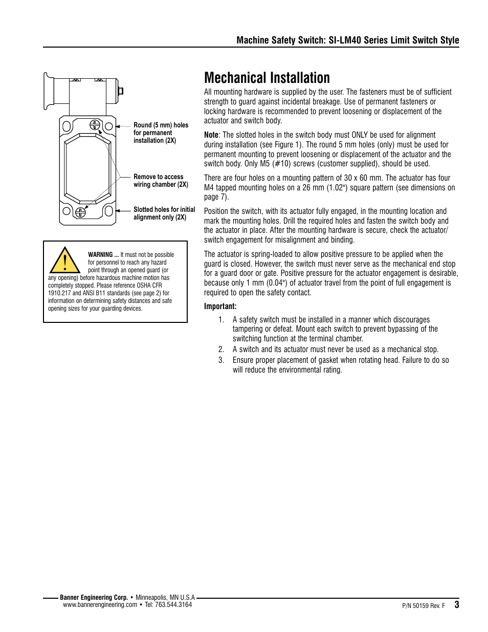 Mechanical installation | Banner Compact Metal Style Safety Interlock Switches User Manual | Page 3 / 8