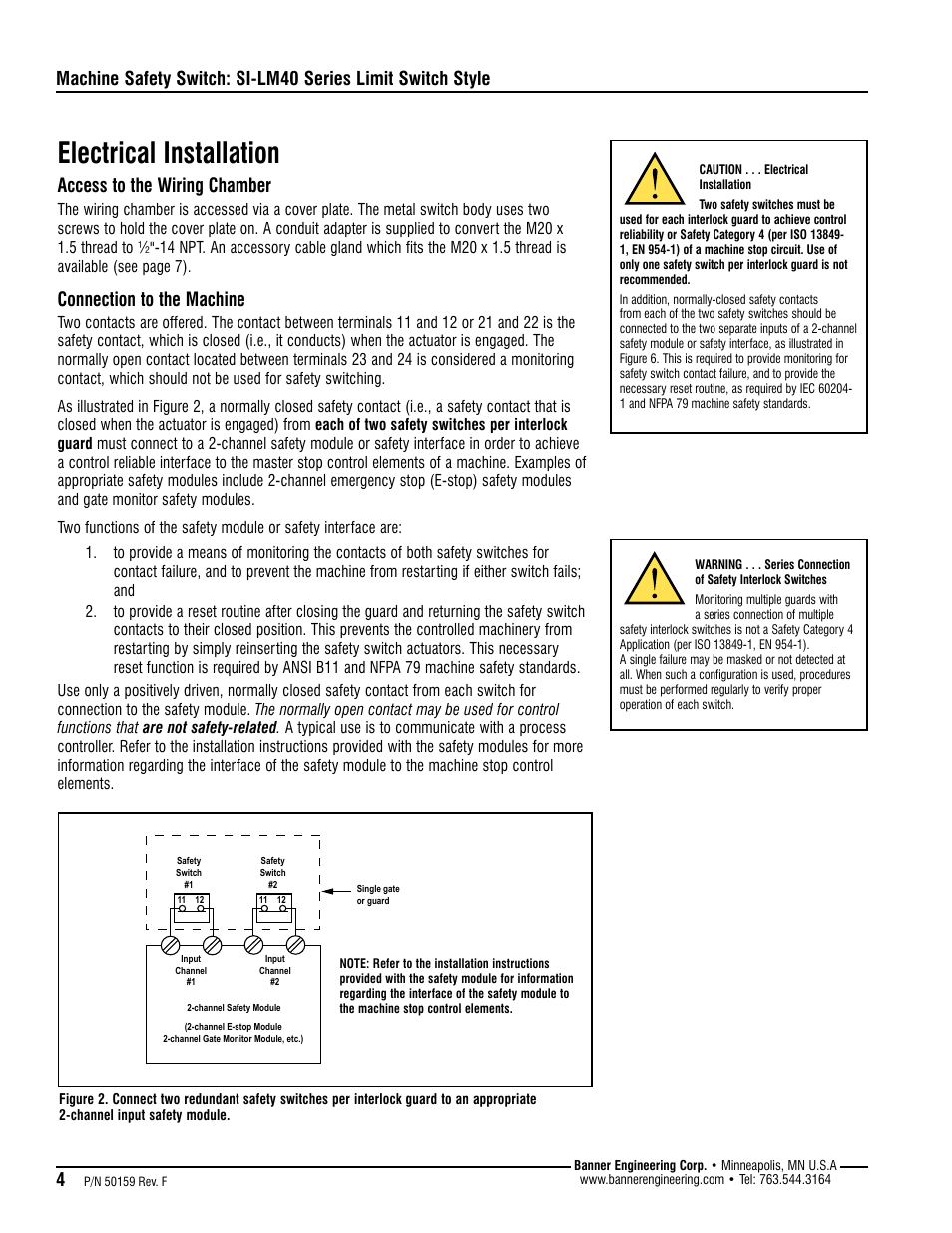 Electrical installation, Access to the wiring chamber, Connection to the machine | Banner Compact Metal Style Safety Interlock Switches User Manual | Page 4 / 8