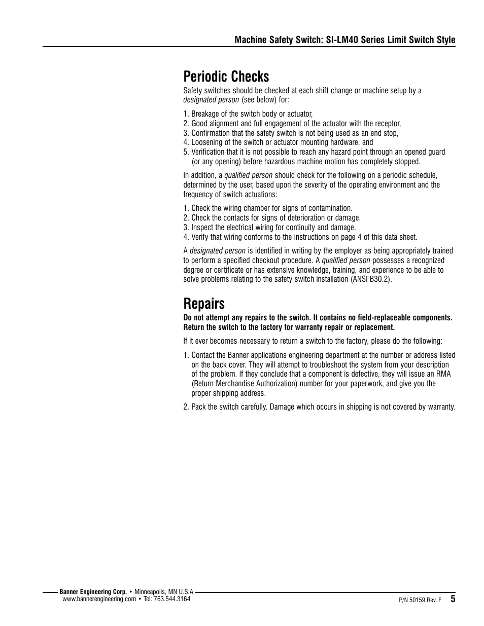 Periodic checks, Repairs | Banner Compact Metal Style Safety Interlock Switches User Manual | Page 5 / 8