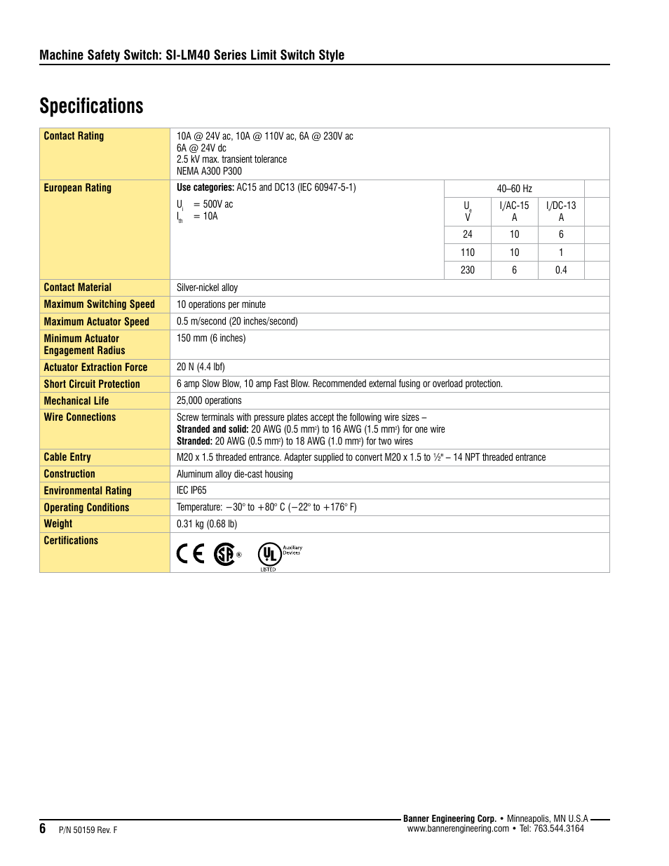 Specifications | Banner Compact Metal Style Safety Interlock Switches User Manual | Page 6 / 8