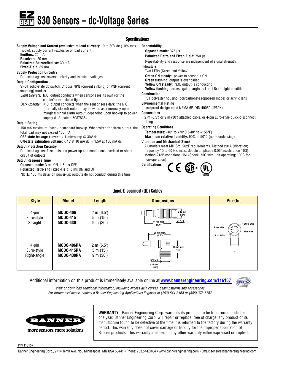 S30 sensors – dc-voltage series, Speciﬁcations quick-disconnect (qd) cables | Banner S30 Series User Manual | Page 2 / 2