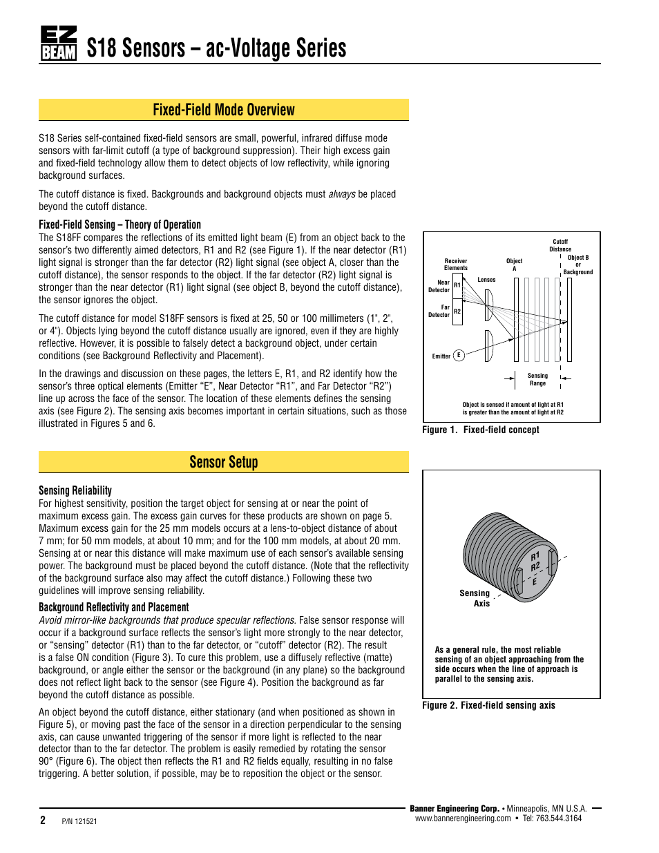 S18 sensors – ac-voltage series, Fixed-field mode overview, Sensor setup | Fixed-field sensing – theory of operation, Sensing reliability, Background reflectivity and placement | Banner S18 Series User Manual | Page 2 / 7